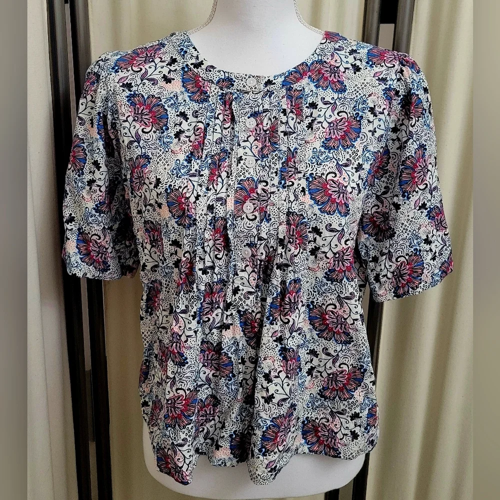 Evereve Purple, Blue & White Floral Print Pintuck Blouse | Size Medium - Picture 1 of 5
